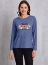 Graphic Round Neck Long Sleeve T-Shirt Dusty Blue Women's T-Shirts - Tophatter Daily Deals