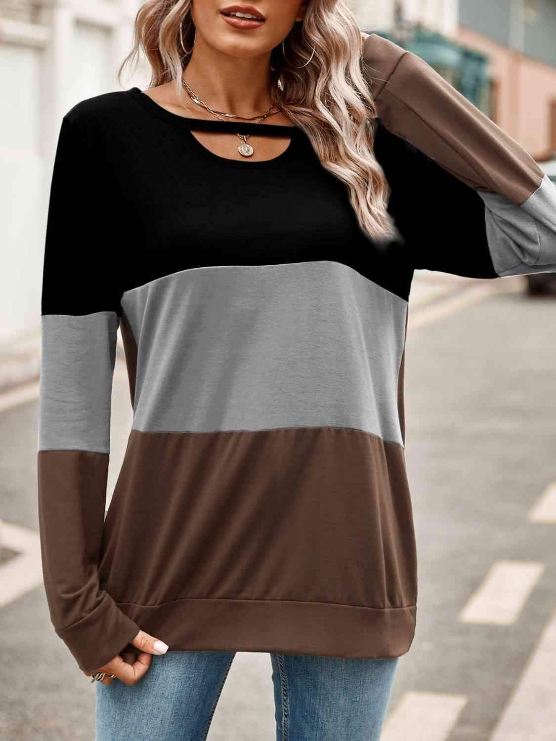 Color Block Cutout Round Neck Long Sleeve T-Shirt Chocolate Women's T-Shirts - Tophatter Daily Deals