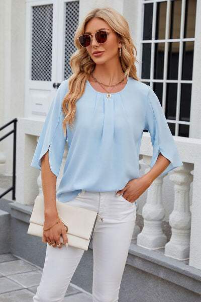 Round Neck Slit Half Sleeve Top Women's T-Shirts - Tophatter Daily Deals