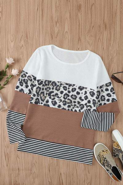 Waffle-Knit Leopard Round Neck Long Sleeve T-Shirt Women's T-Shirts - Tophatter Daily Deals