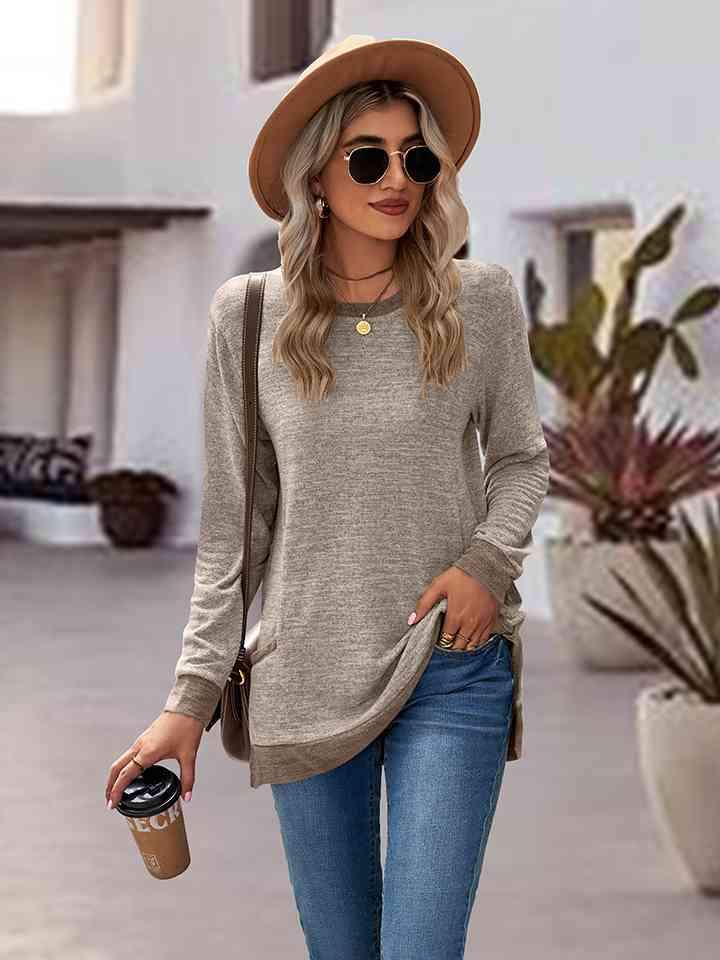 Round Neck Long Sleeve Blouse Heather Gray Blouses - Tophatter Daily Deals