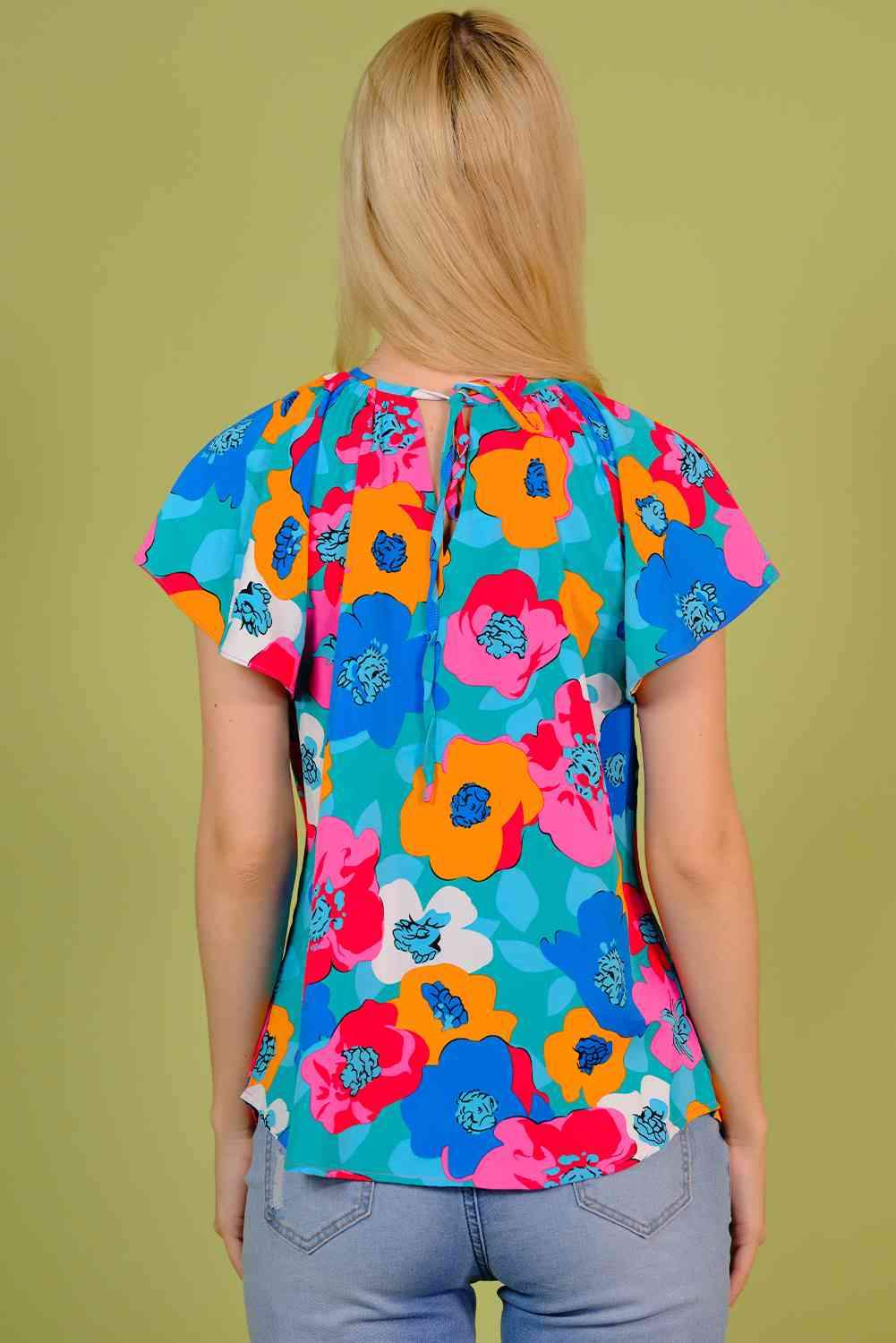 Floral Round Neck Tied Blouse Blouses - Tophatter Daily Deals