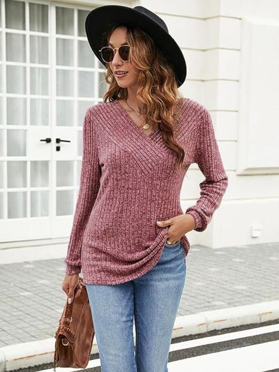 Ribbed Surplice Long Sleeve T-Shirt Fuchsia Women's T-Shirts - Tophatter Daily Deals