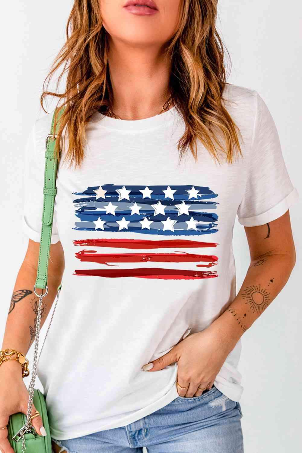 US Flag Graphic Round Neck Tee Women's T-Shirts - Tophatter Daily Deals