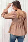 Double Take Tie Back Smocked Long Sleeve Babydoll Blouse Blouses - Tophatter Daily Deals