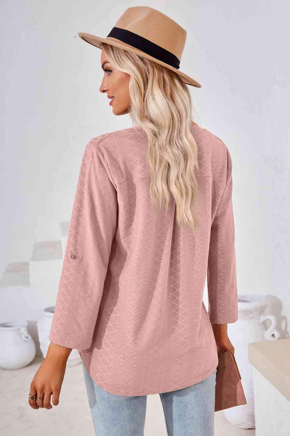 V-Neck Roll-Tap Sleeve Blouse Blouses - Tophatter Daily Deals