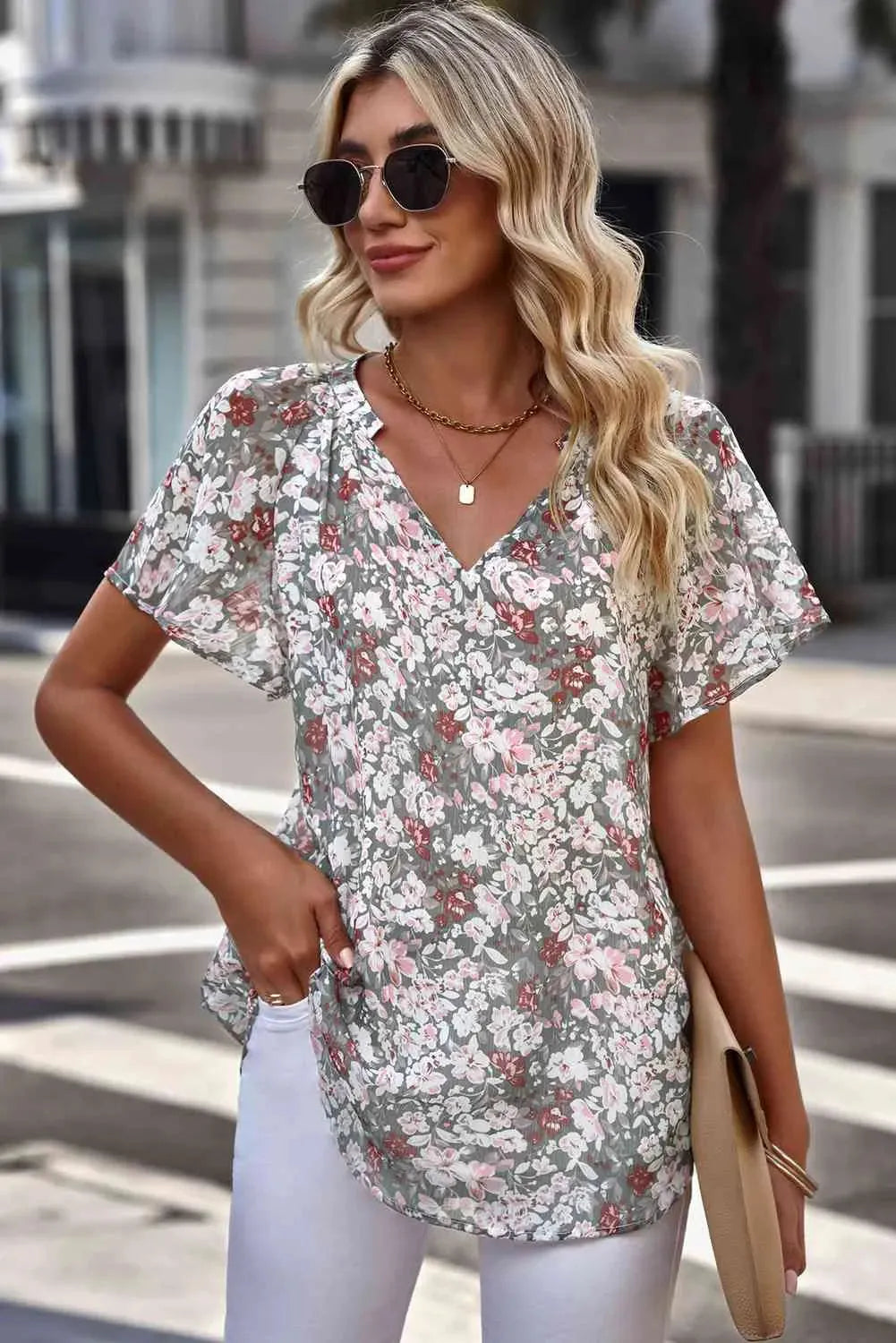 Floral Notched Neck Flutter Sleeve Blouse Heather Gray Blouses - Tophatter Daily Deals
