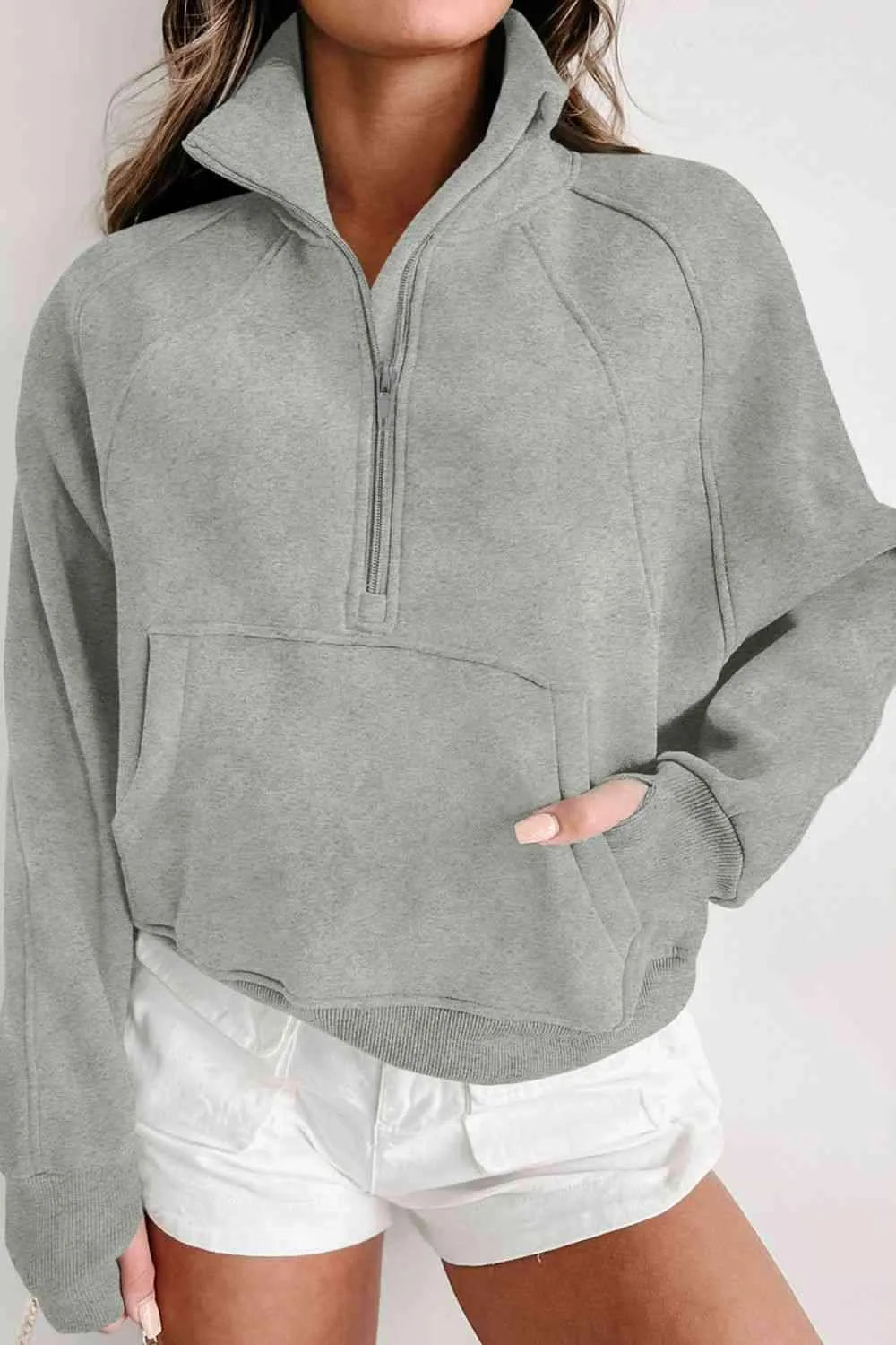 Zip-Up Collared Neck Raglan Sleeve Sweatshirt Blouses - Tophatter Daily Deals