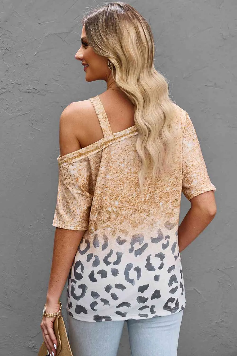 Leopard Asymmetrical Neck Cold-Shoulder Blouse Blouses - Tophatter Daily Deals