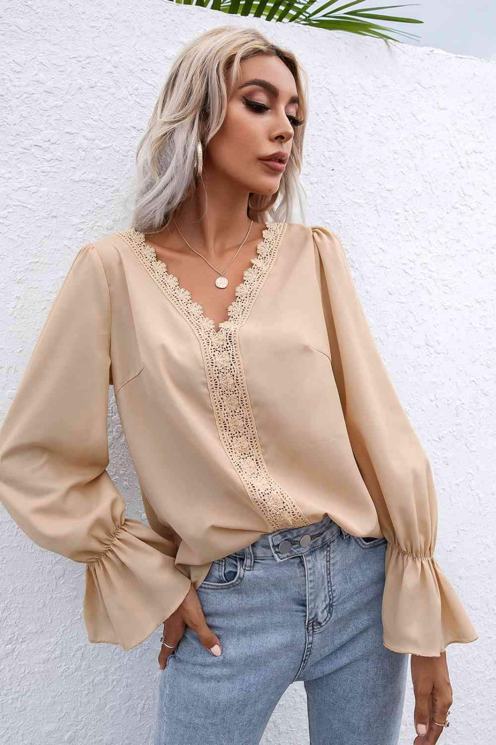 Lace Trim Flounce Sleeve Blouse Blouses - Tophatter Daily Deals