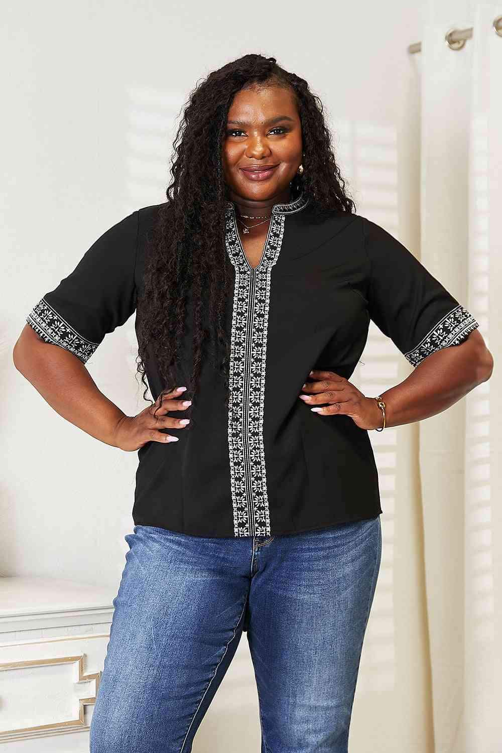 Double Take Embroidered Notched Neck Top Blouses - Tophatter Daily Deals