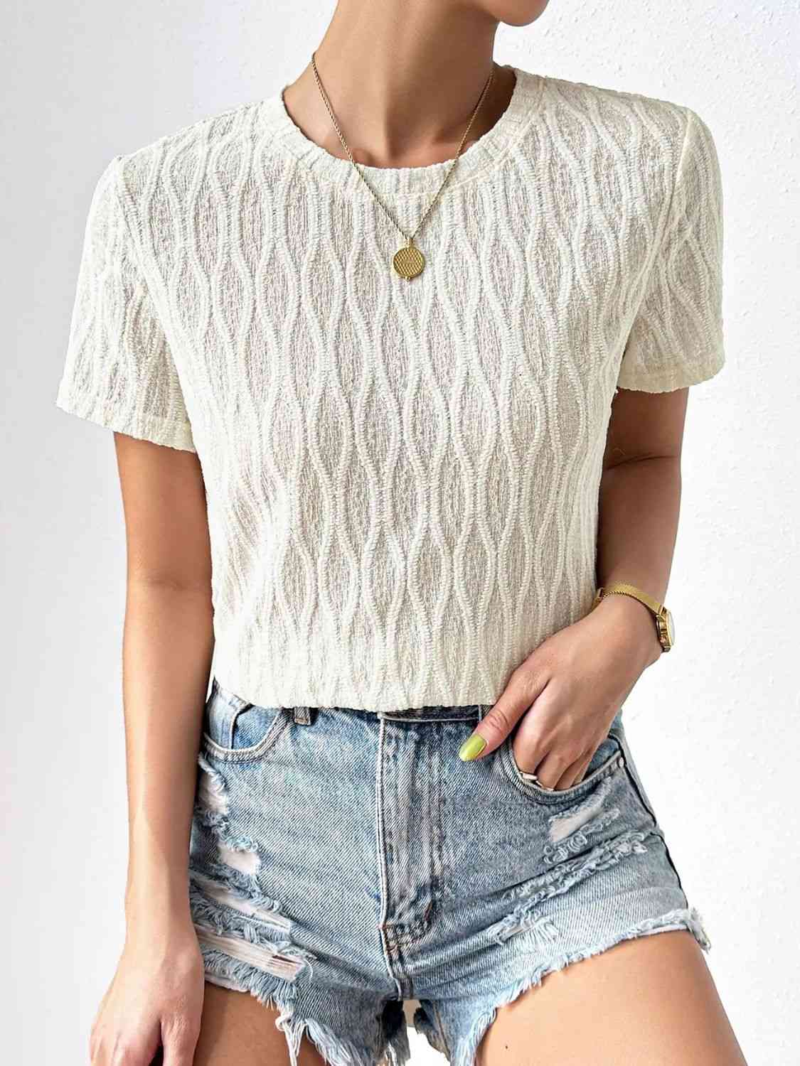 Textured Round Neck Crop Top White Women's T-Shirts - Tophatter Daily Deals