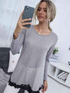 Spliced Lace Contrast Round Neck Top Heather Gray Blouses - Tophatter Daily Deals