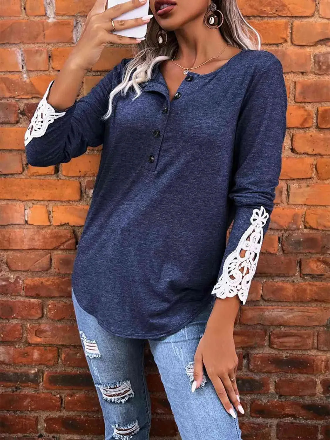Half Button Lace Detail T-Shirt Women's T-Shirts - Tophatter Daily Deals