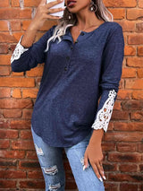 Half Button Lace Detail T-Shirt Women's T-Shirts - Tophatter Daily Deals