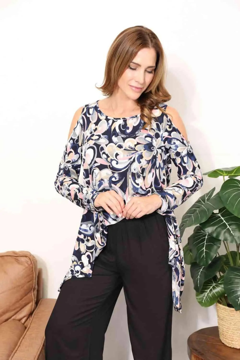 Sew In Love Full Size Long Sleeve Flower Print Blouse Blouses - Tophatter Daily Deals