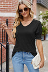 V-Neck Smocked Short Sleeve T-Shirt Black Women's T-Shirts - Tophatter Daily Deals