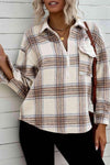 Double Take Plaid Half-Zip Collared Curved Hem Sweatshirt Blouses - Tophatter Daily Deals