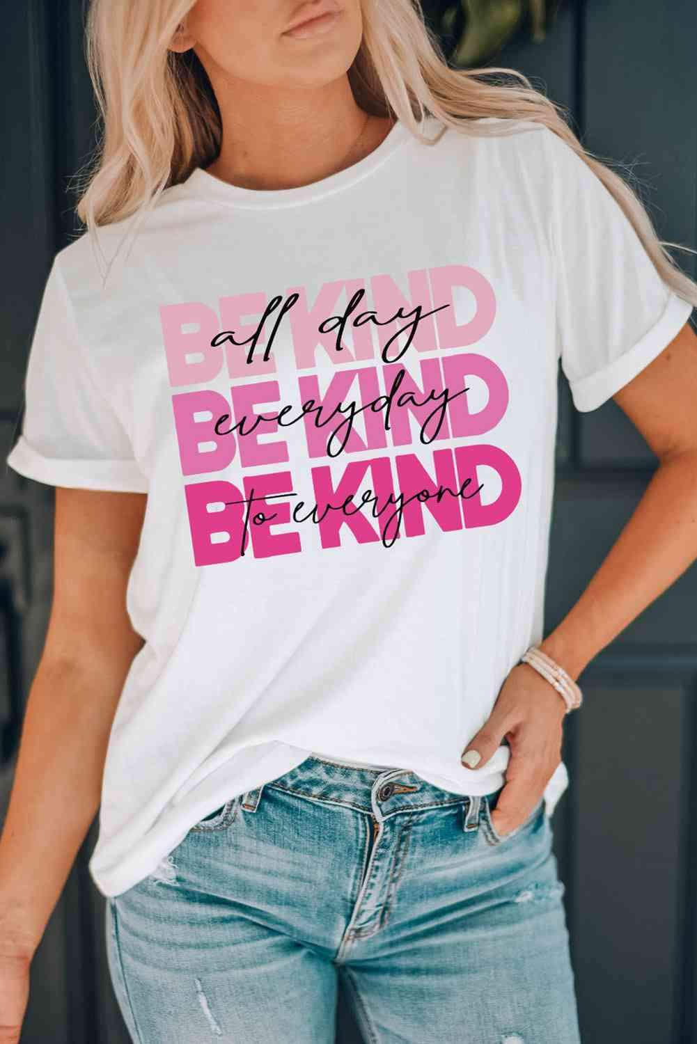 Slogan Graphic Round Neck Short Sleeve Tee White Women's T-Shirts - Tophatter Daily Deals