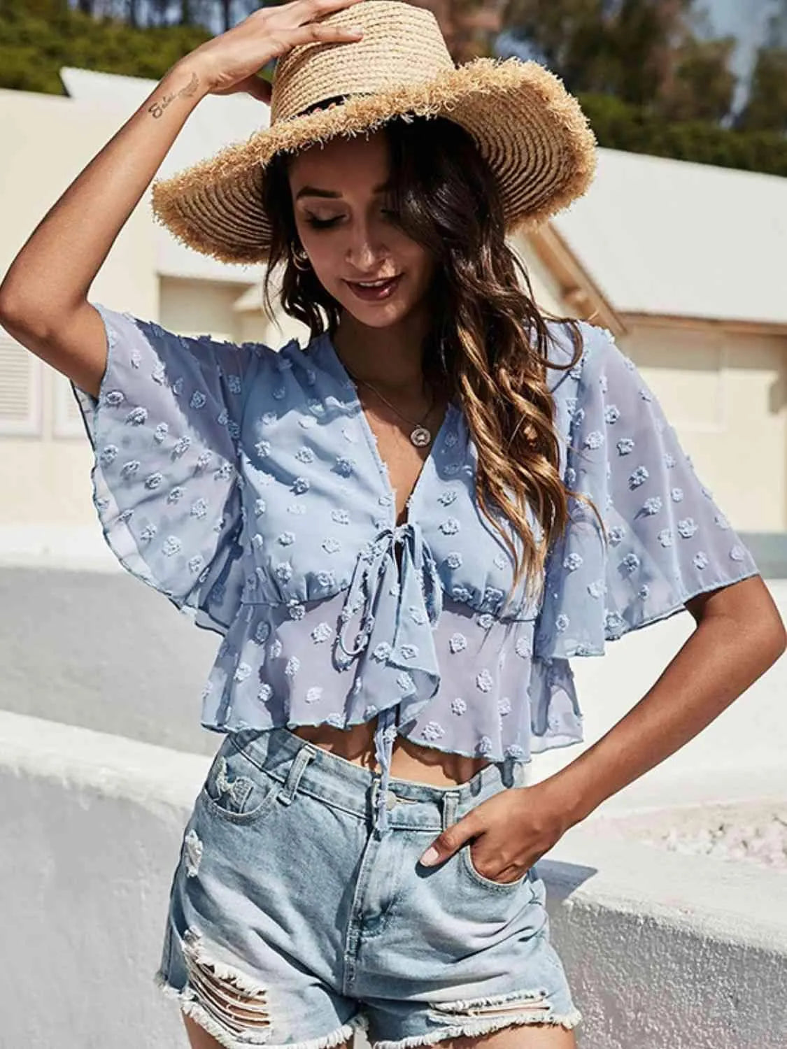 Swiss Dot Tied Flutter Sleeve Cropped Blouse Blue Blouses - Tophatter Daily Deals