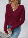 Waffle-Knit Lace Detail V-Neck Long Sleeve T-Shirt Women's T-Shirts - Tophatter Daily Deals