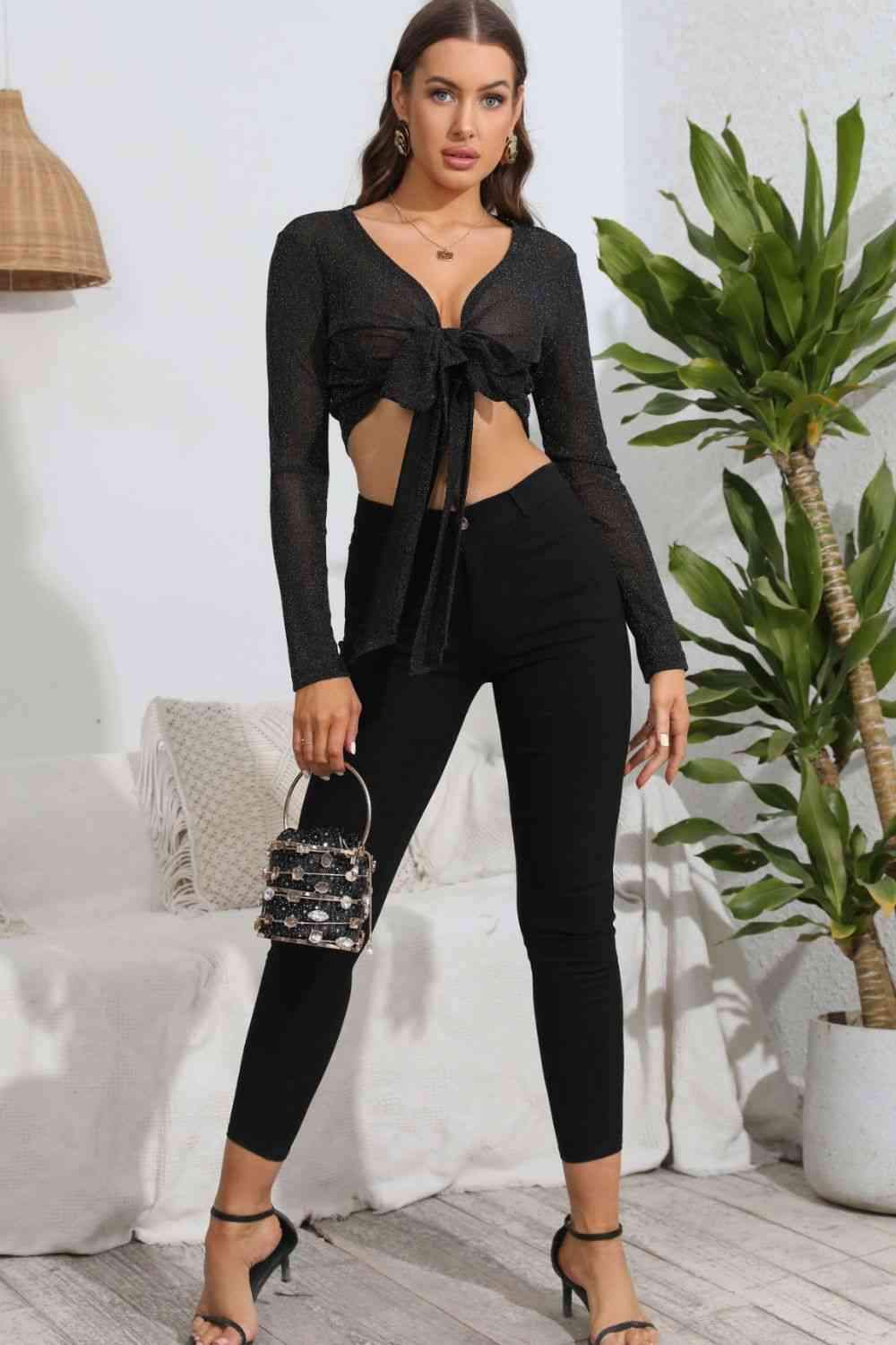 Tie Front Deep V Long Sleeve Crop Top Blouses - Tophatter Daily Deals