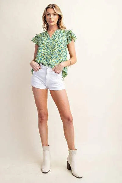 Kori America Floral Notched Ruffled Cap Sleeve Blouse Blouses - Tophatter Daily Deals