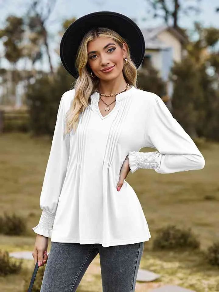 Notched Neck Flounce Sleeve Blouse Blouses - Tophatter Daily Deals