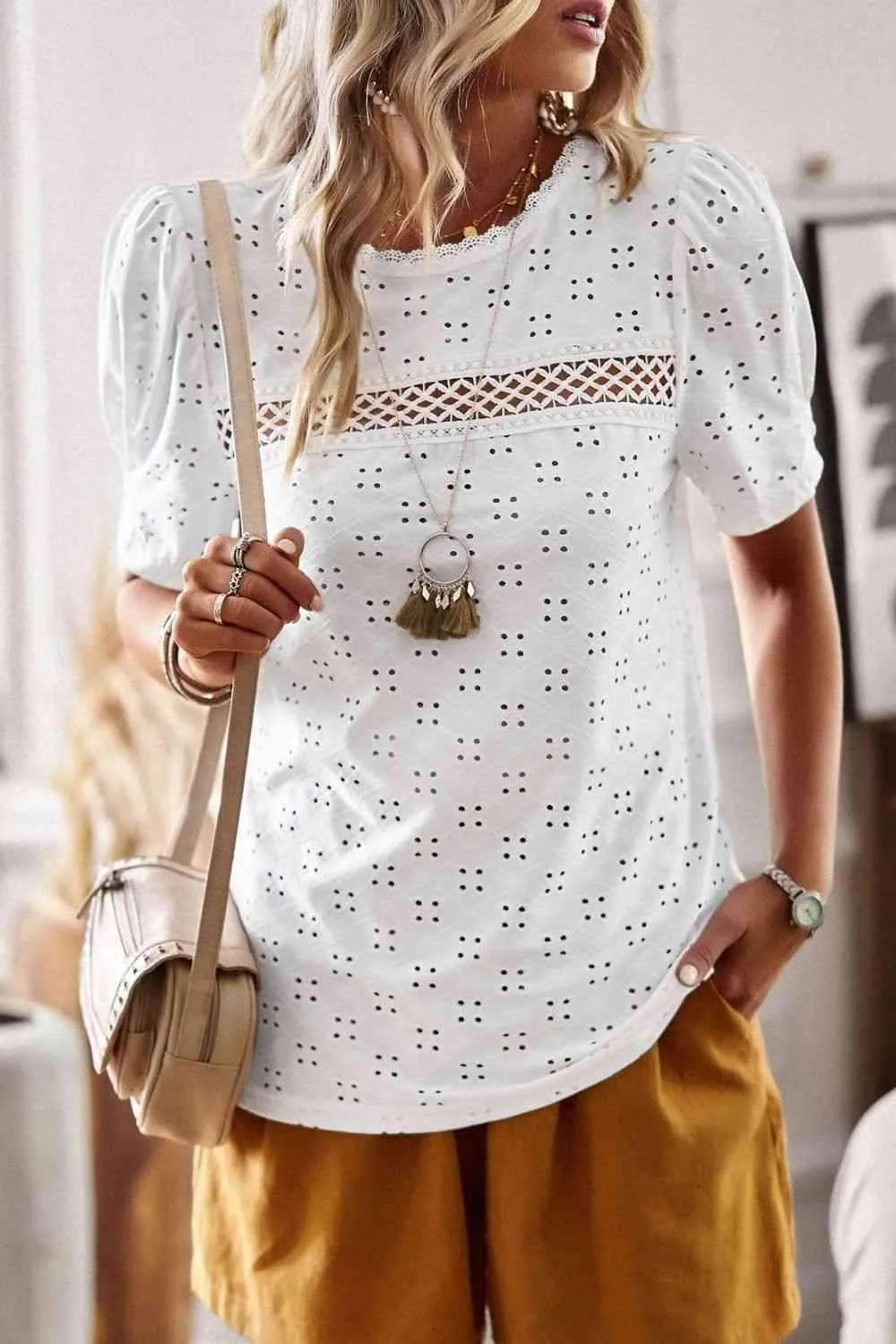 Spliced Lace Short Puff Sleeve Top Blouses - Tophatter Daily Deals