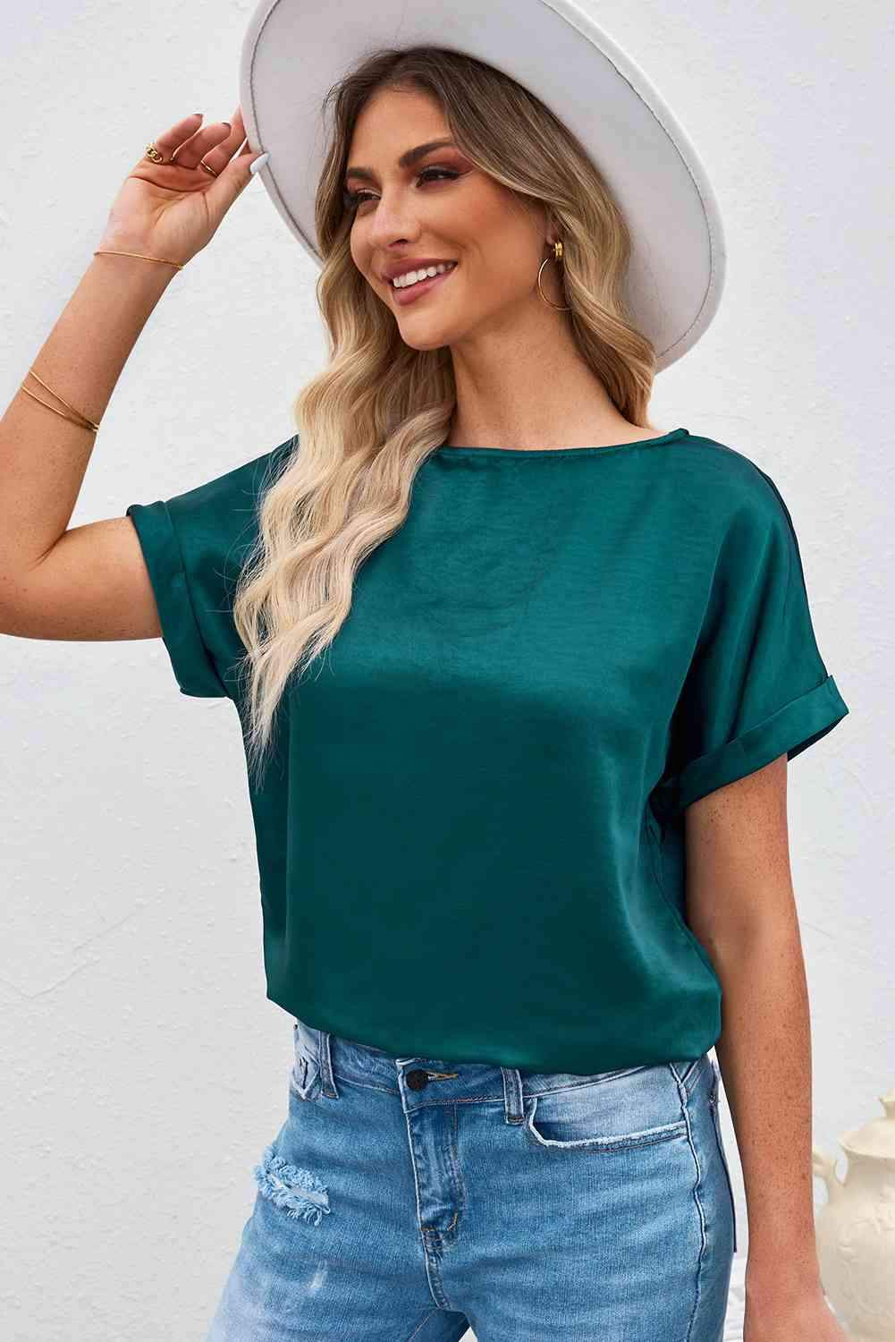 Round Neck Cuffed Sleeve Top Women's T-Shirts - Tophatter Daily Deals