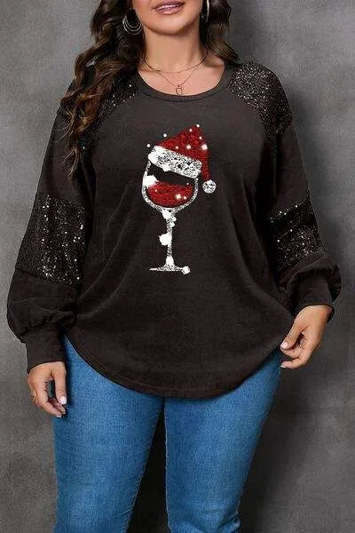 Plus Size Graphic Sequin Long Sleeve Round Neck T-Shirt Black Women's T-Shirts - Tophatter Daily Deals