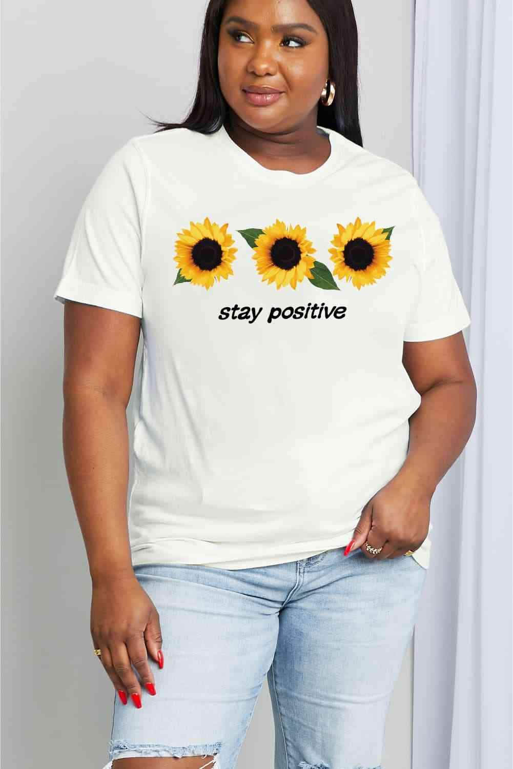 Simply Love Full Size STAY POSITIVE Sunflower Graphic Cotton Tee Women's T-Shirts - Tophatter Daily Deals