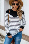 Striped Round Neck Long Sleeve T-Shirt Black Women's T-Shirts - Tophatter Daily Deals