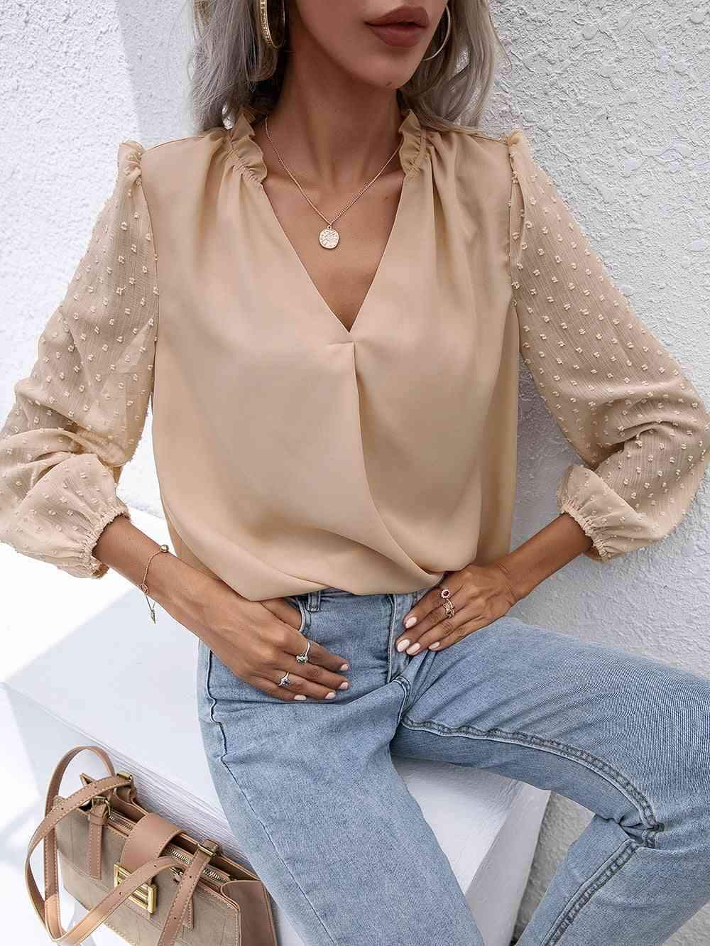 Swiss Dot Frill Trim Puff Sleeve Blouse Blouses - Tophatter Daily Deals