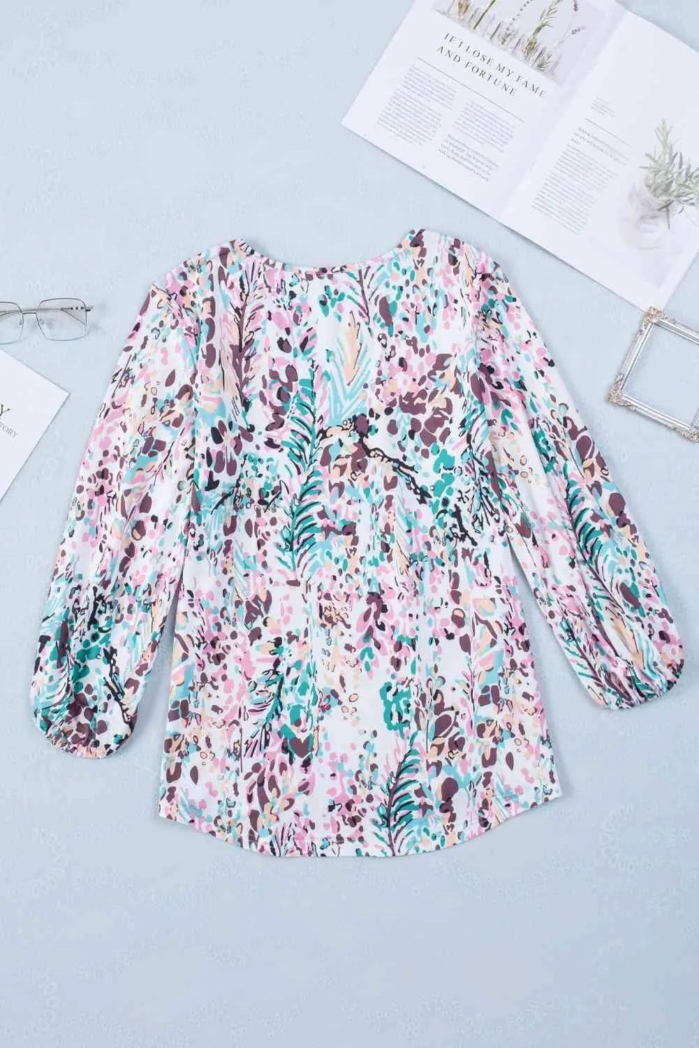 Printed Round Neck Balloon Sleeve Blouse Blouses - Tophatter Daily Deals
