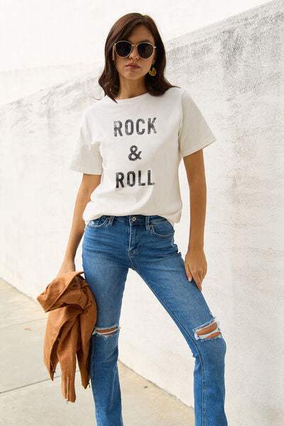 Simply Love Full Size ROCK & ROLL Short Sleeve T-Shirt Women's T-Shirts - Tophatter Daily Deals