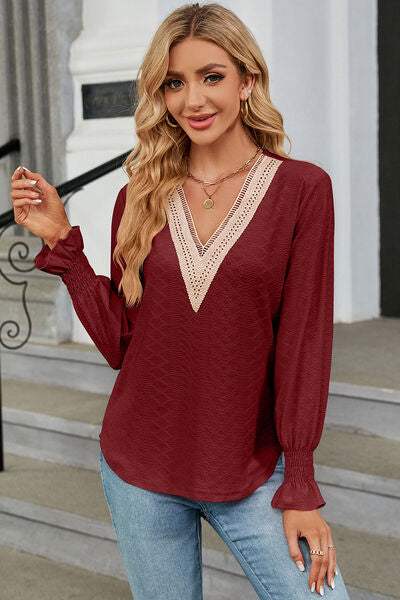 V-Neck Flounce Sleeve T-Shirt Wine Women's T-Shirts - Tophatter Daily Deals