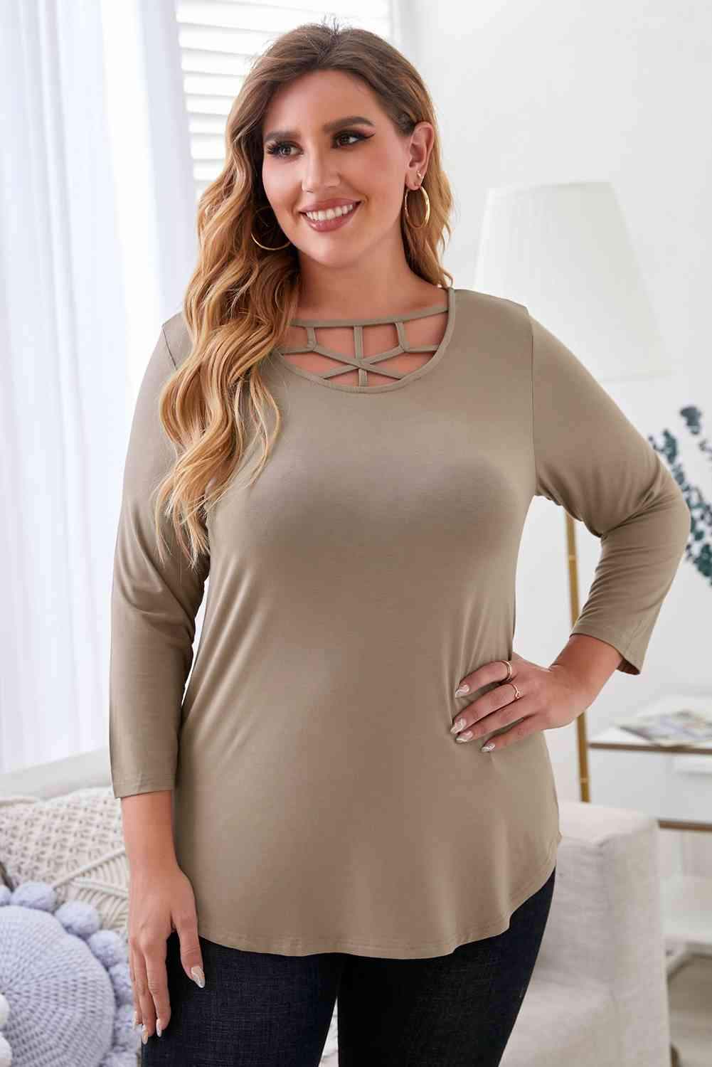 Plus Size Curved Hem Neck Detail Tee Khaki Women's T-Shirts - Tophatter Daily Deals