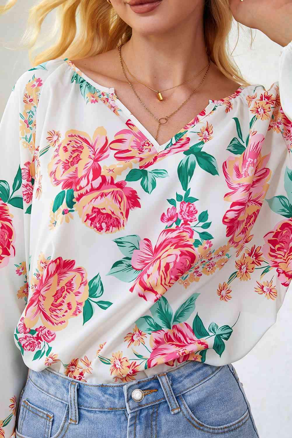 Double Take Floral Notched Neck Long Sleeve Blouse Blouses - Tophatter Daily Deals