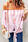 Striped Tie Front Flounce Sleeve Blouse Carnation Pink Blouses - Tophatter Daily Deals