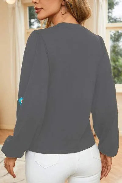 Flower Round Neck Balloon Sleeve Blouse Blouses - Tophatter Daily Deals