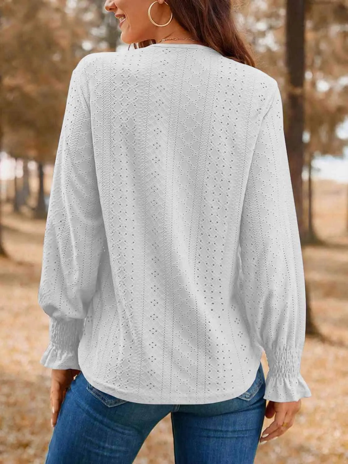 Eyelet V-Neck Flounce Sleeve Top Blouses - Tophatter Daily Deals