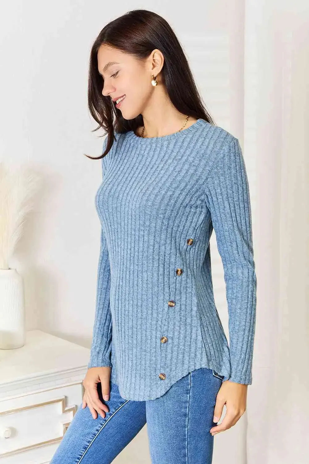 Double Take Round Neck Ribbed Long Sleeve T-Shirt Women's T-Shirts - Tophatter Daily Deals