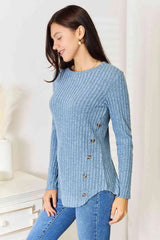 Double Take Round Neck Ribbed Long Sleeve T-Shirt Women's T-Shirts - Tophatter Daily Deals