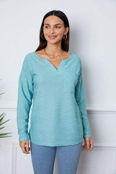 Texture Notched Drop Shoulder Top Turquoise Blouses - Tophatter Daily Deals