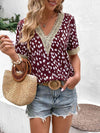 Printed Contrast V-Neck Short Sleeve Blouse Blouses - Tophatter Daily Deals