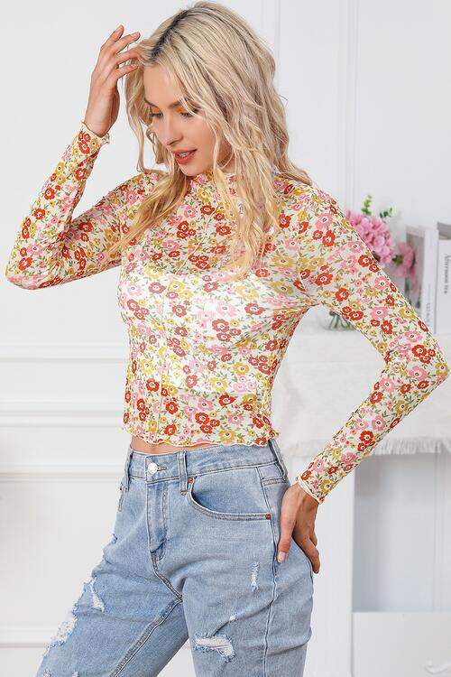 Floral Mock Neck Long Sleeve Blouse Blouses - Tophatter Daily Deals