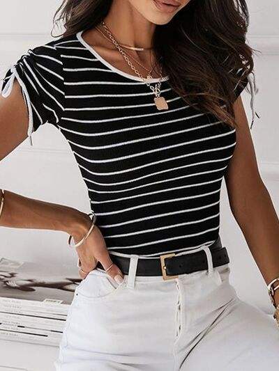 Striped Round Neck Drawstring Short Sleeve T-Shirt Women's T-Shirts - Tophatter Daily Deals