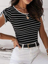 Striped Round Neck Drawstring Short Sleeve T-Shirt Women's T-Shirts - Tophatter Daily Deals