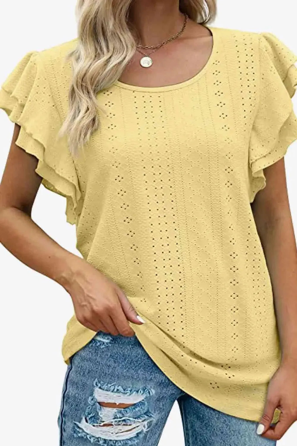 Round Neck Layered Flutter Sleeve Blouse Blouses - Tophatter Daily Deals